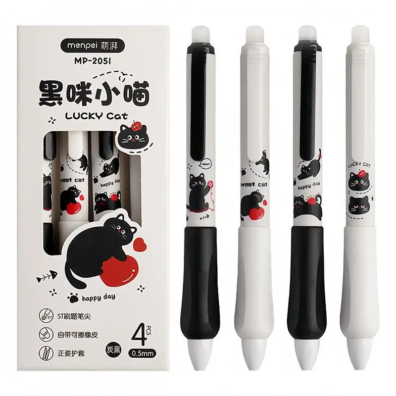 4Pcs 0.5mm 지울 수 있는 푸시 버튼 펜 초등학생을 위한 검은 고양이 디자인 부드러운 쓰기 문구류