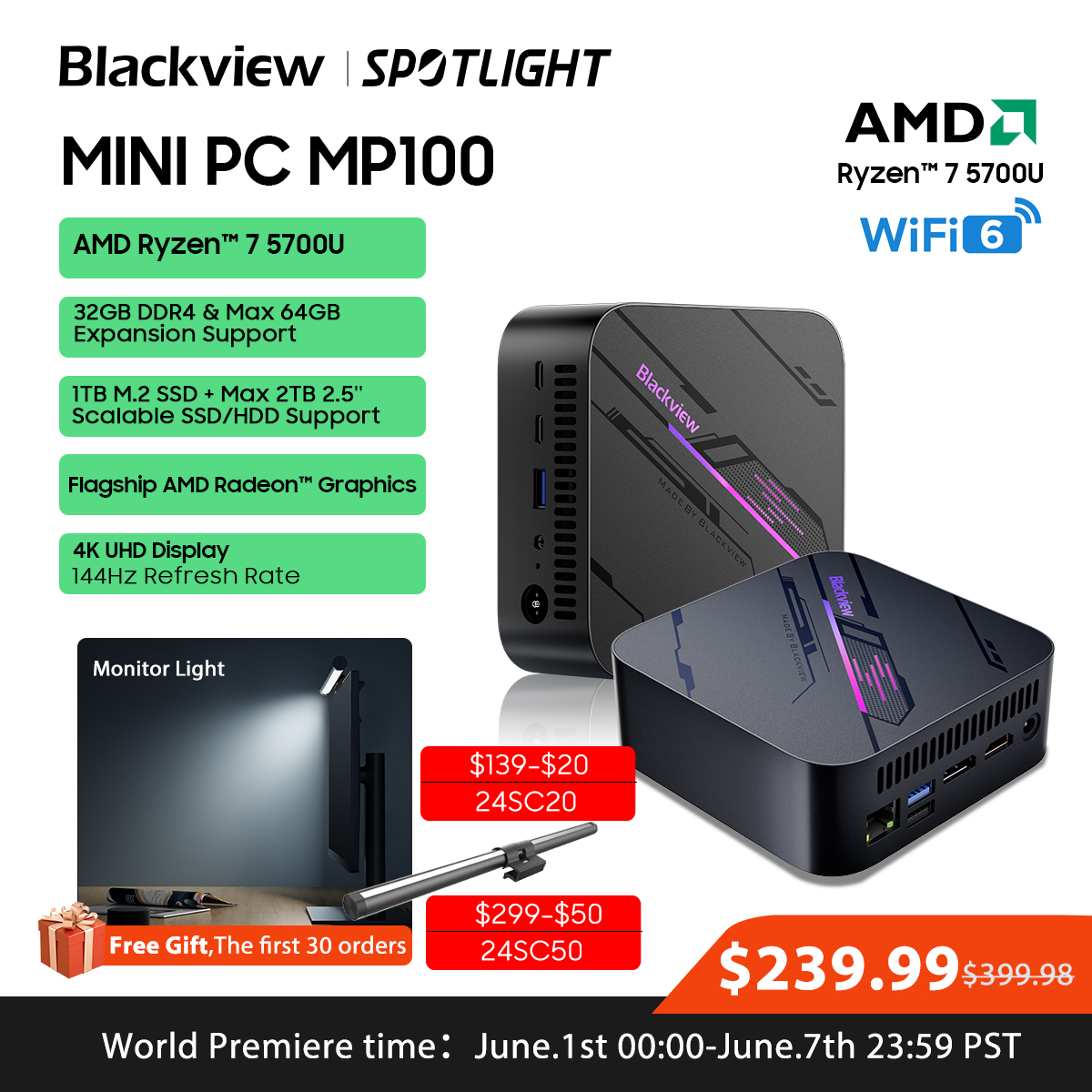  [World Premiere] Blackview Mini PC MP100 AMD R7 5700U Mini PC 8-Core 16-thread 16GB / 32GB DDR4 512GB/1TB SSD Mini Computer PC 