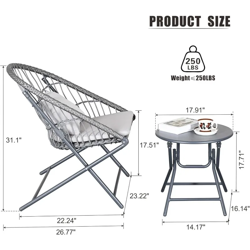 Foldable 3-Piece Patio Bistro Set with Folding Rattan Chairs and Round Table - Small Outdoor Furniture for Balcony, Garden 2
