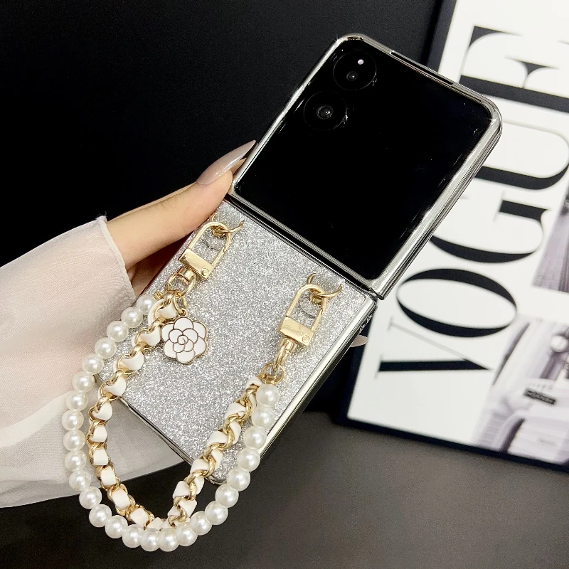 Electroplated Glitter Case with Pearl Bracelet - Solid Color Shockproof Cover
