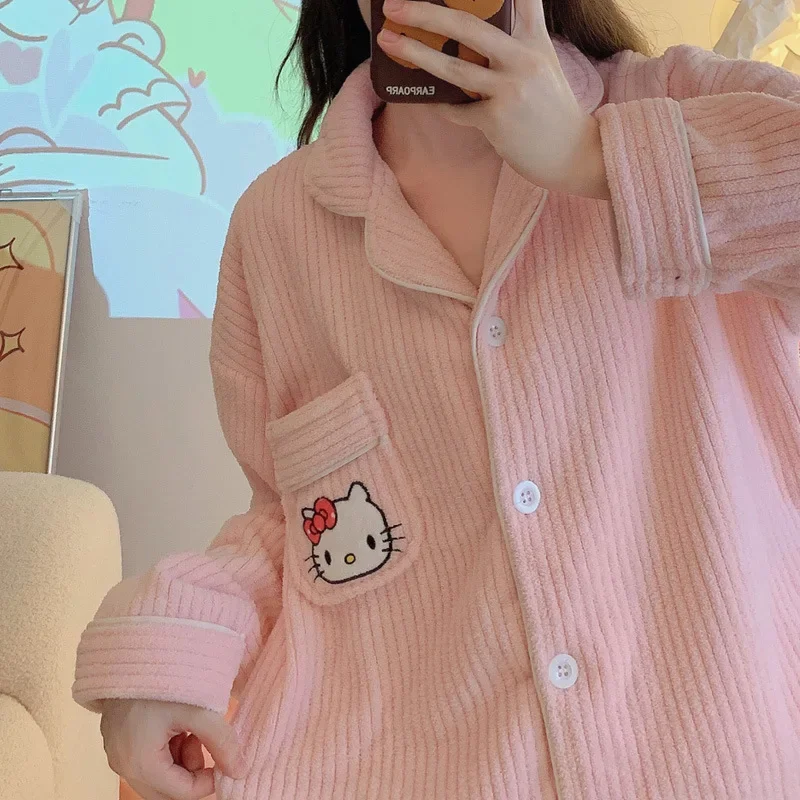 

Sanrio Kawaii Anime Cute Hello Kitty Winter Pajamas Thickened Snow Fleece Cartoon Suitability Home Dressing Leisure Time Gift