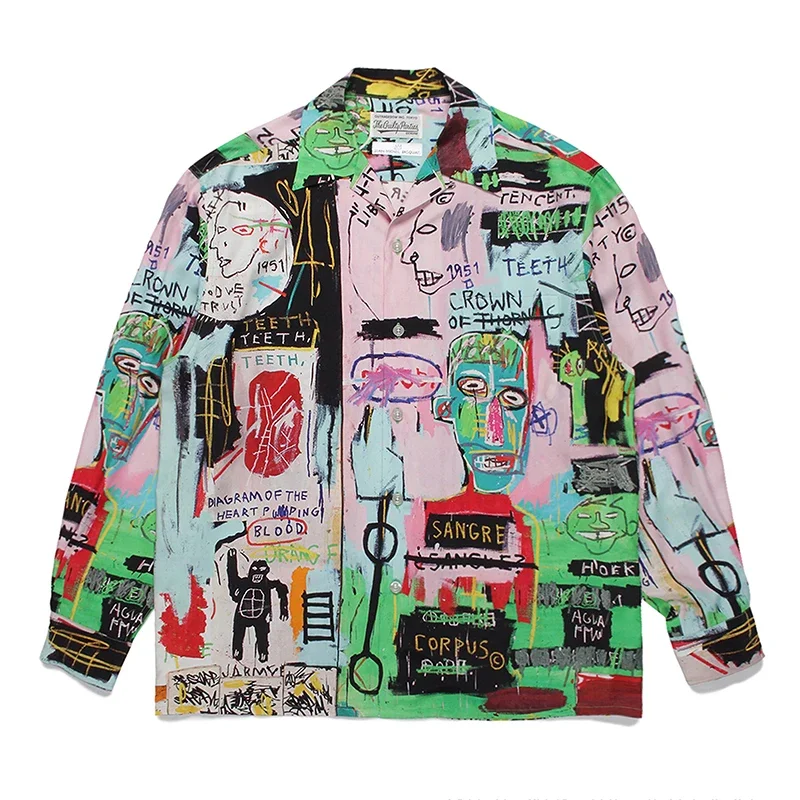 

WACKO MARIA Polyester Long Sleeve Colorful Graffiti Printing Button Lapel Hawaiian Thin Men Women Breathable Oversize Shirt TEE