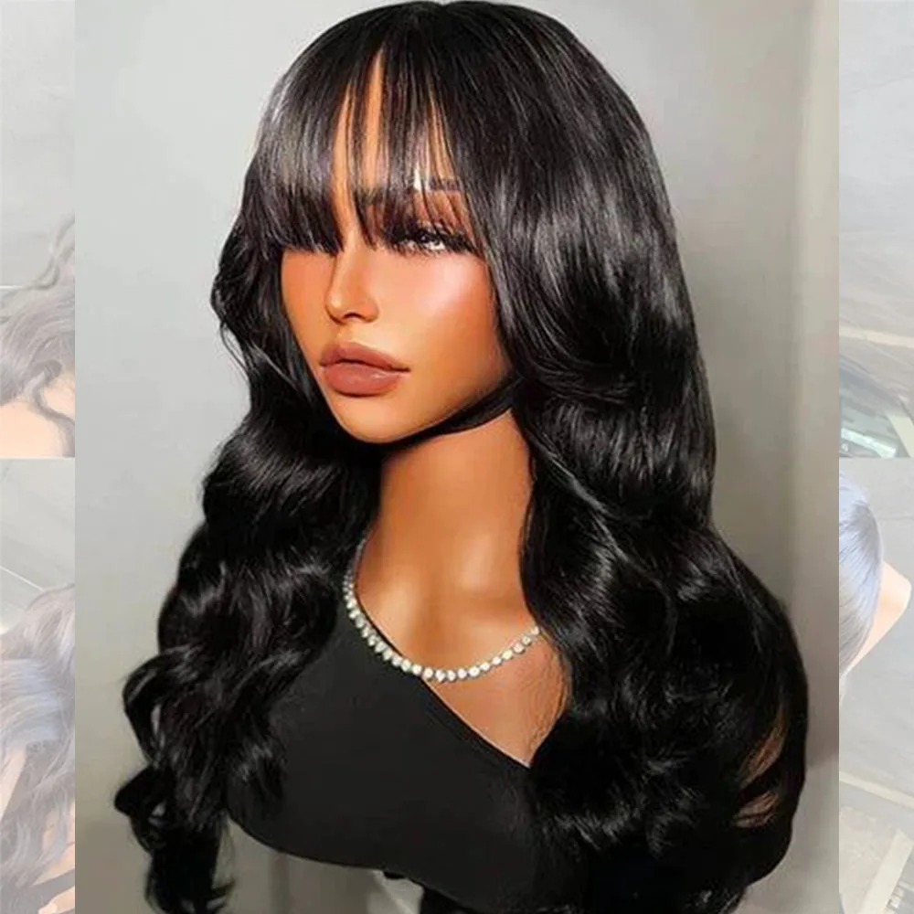 Body Wave Human Hair Wigs With Curtain Bangs Non Lace Black Wigs 30 32 Inch Brazilian Body Wave Remy Human Hair Wig with Bangs