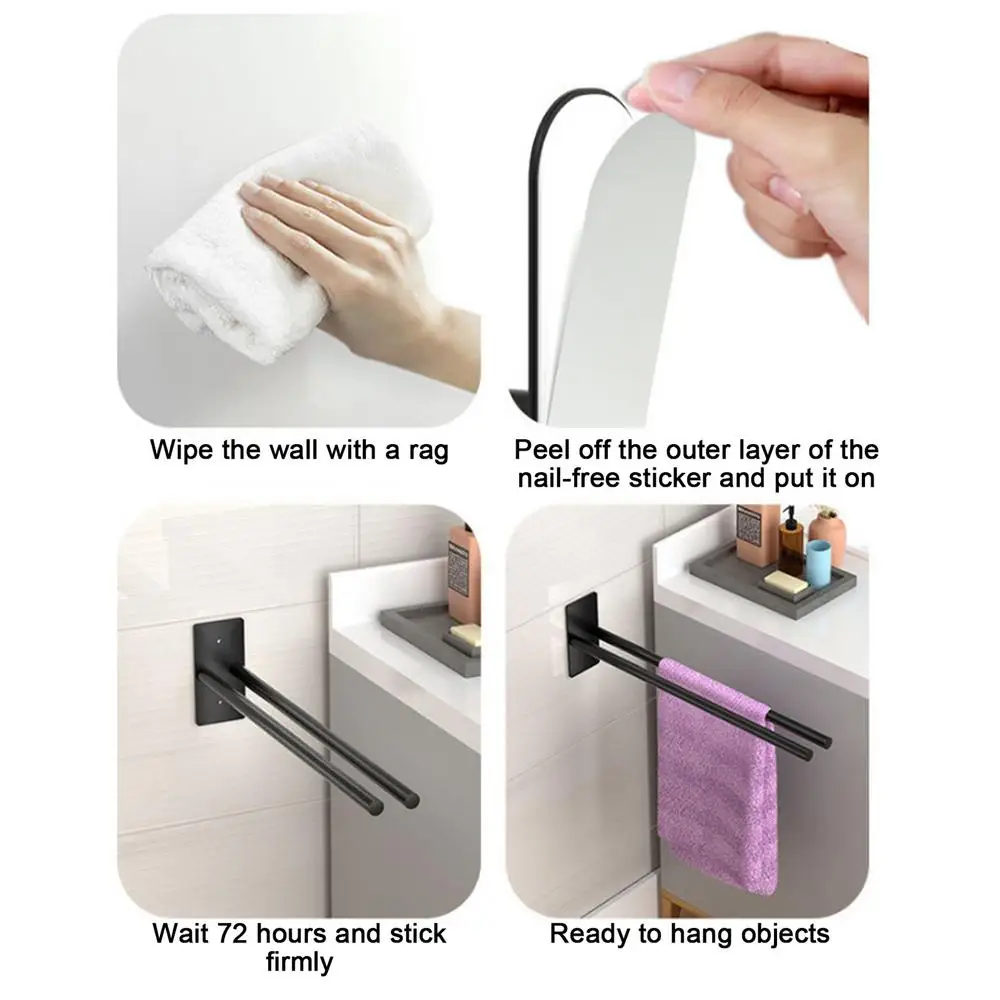 Description Picture 2 of itemAdhesive Bath Towel Bar Self Adhesive Hand Towel Holder Carbon Steel Bath Wall Shelf Rack Towel Stick On Sticky Hanger Double