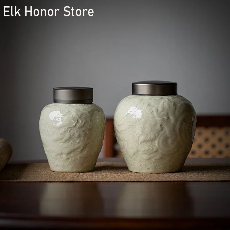 

Honey Glaze Ceramic Tea Pot Relief Dragon Phoenix Art Tea Can Household Tea Storage Moisture-proof Pot Double-layer Sealed Jar
