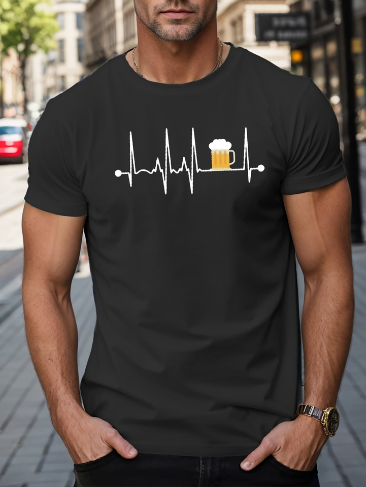 Men's Summer 100% Cotton Fashionable Casual Sports Loose Fashion ECG Beer Pattern Printed Round Neck Short Sleeve T-shirt Top