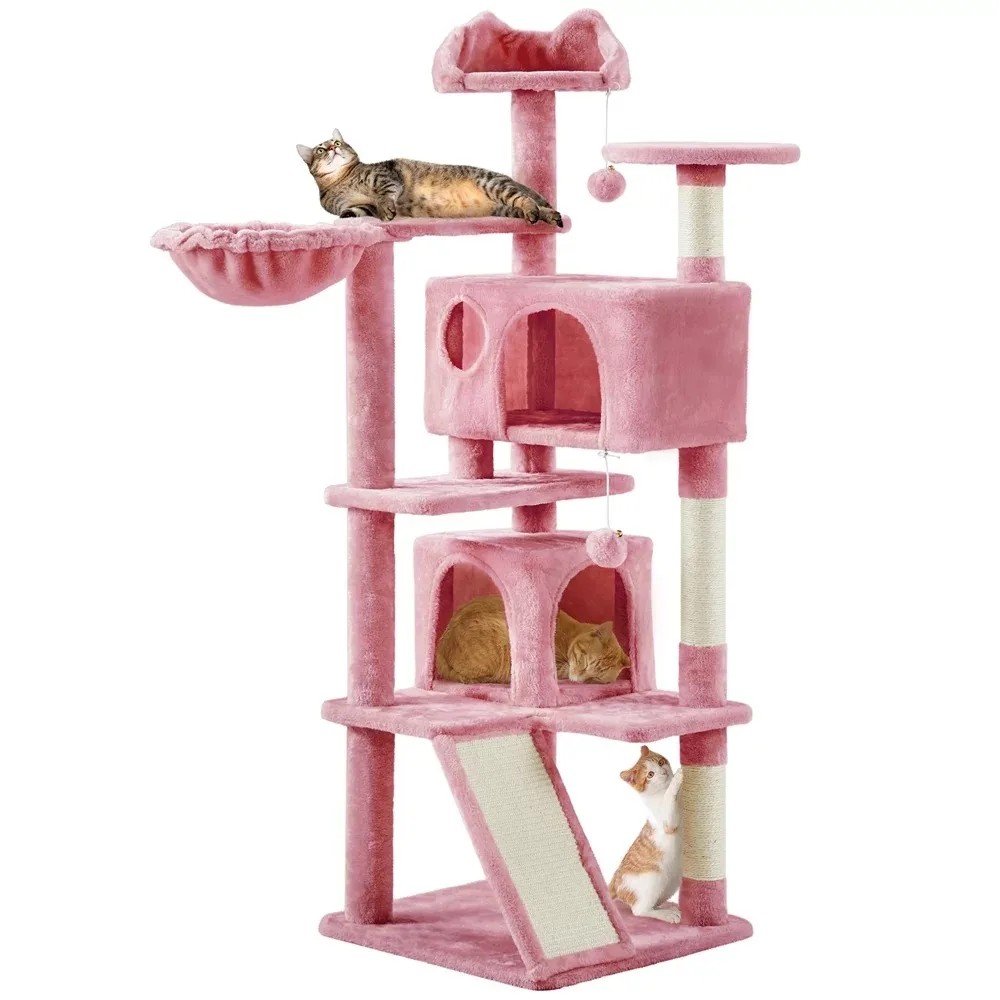 

SmileMart 54" Double Condo Cat Tree with Scratching Post Tower, Pink Cat Furniture, Cat Climbing Frame