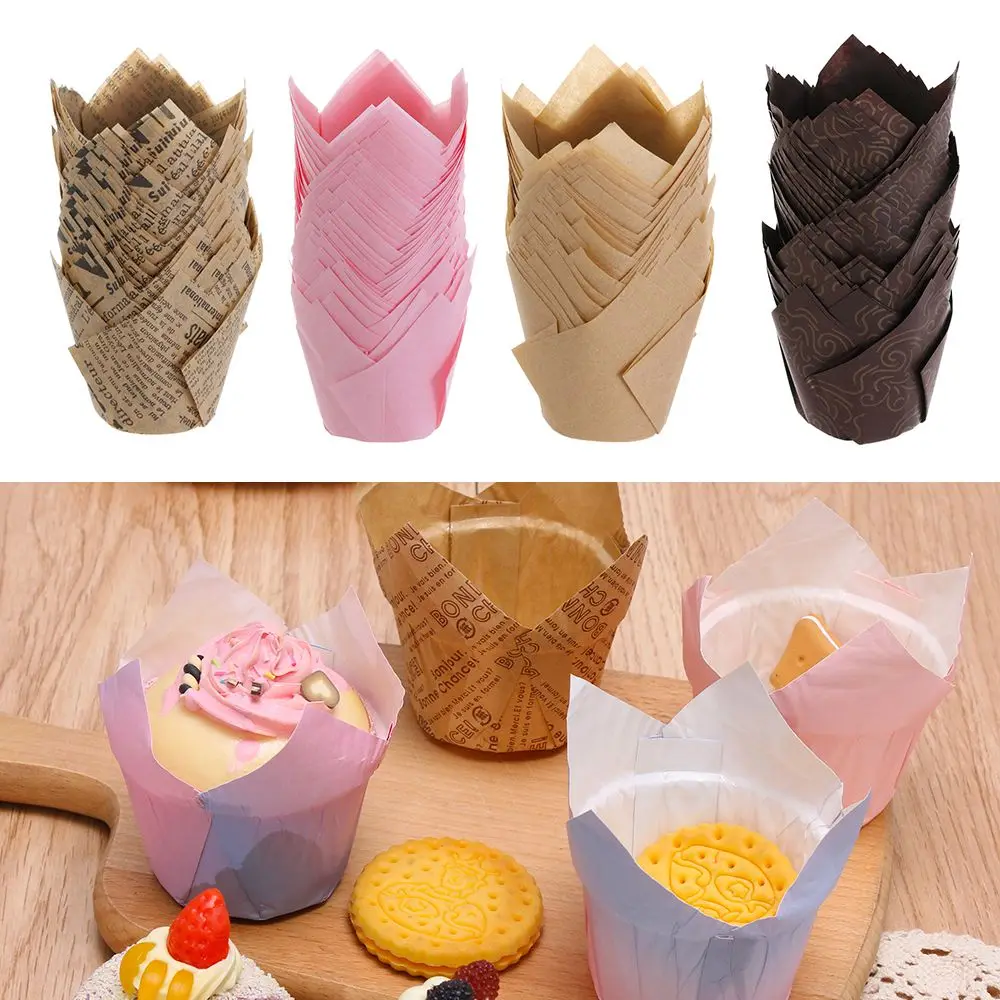 50pcs Greaseproof Paper Tray Cupcake Liners Cupcake Paper Tulip Baking Cups Cake Muffin Cups Bakeware Pastry Tools