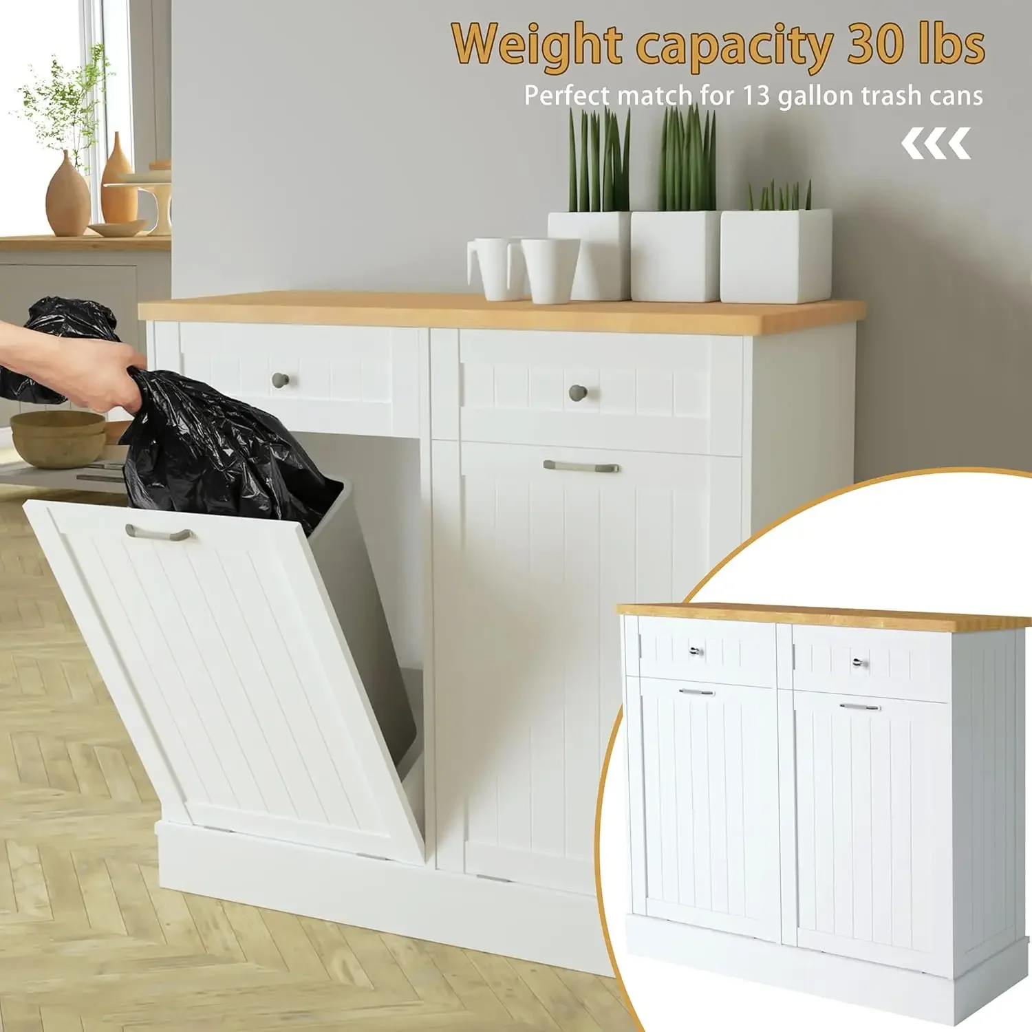 Cabinet 10 Gallon Wooden Free Standing Laundry Sorter Cabinet,Recycling Cabinet with Hideaway Drawer,Tilt Out Trash Cabinet Can 4