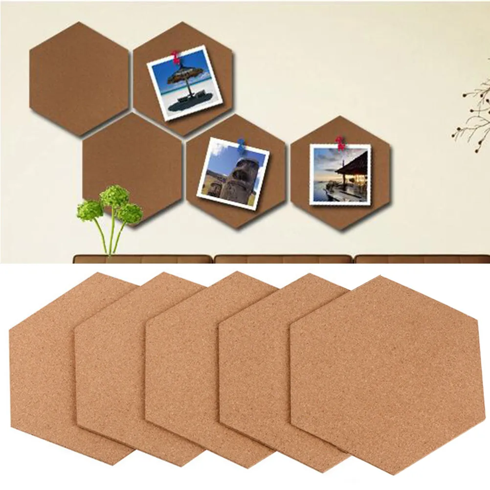 5Pcs 코르크 게시판 육각형 모양 빈티지 자연 색상 접착 스티커 메모 보드 타일 홈 오피스 벽 장식