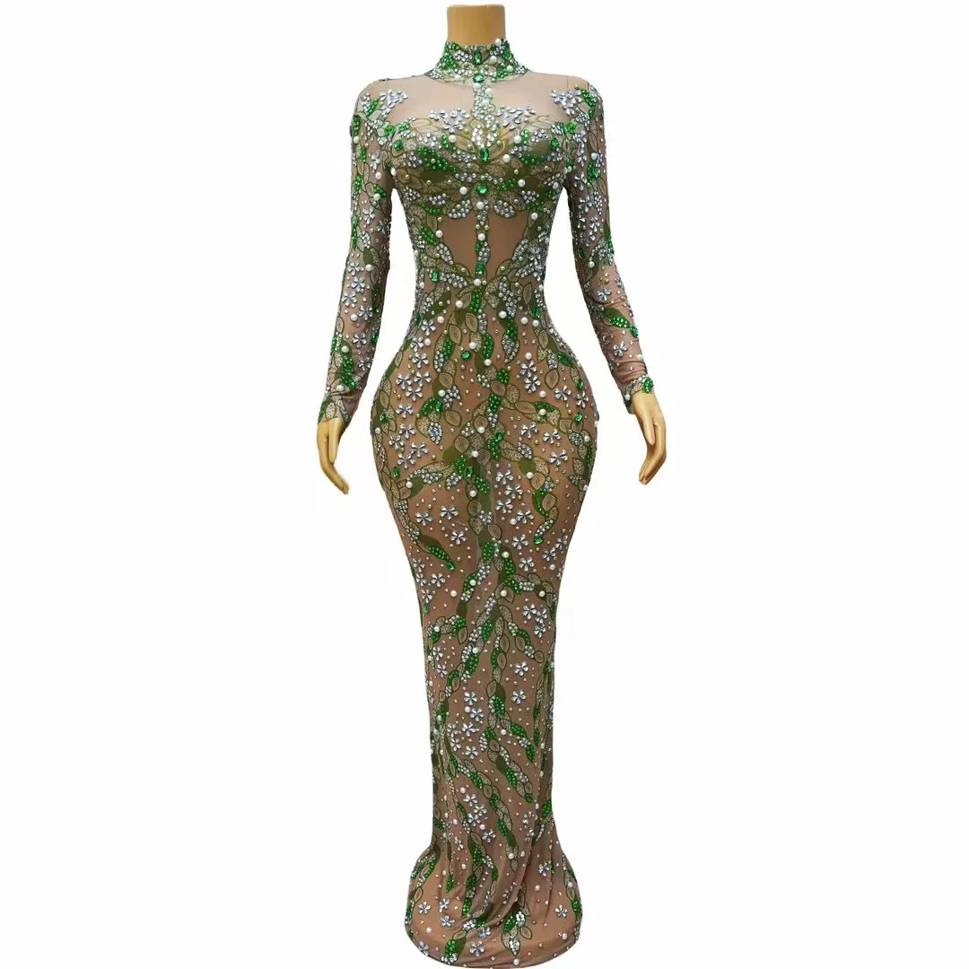 

Fashion Green Rhinestones Banguet EveningParty Long Dress Singer Celebrity Sexyransparent Sleeveless Model Catwalk Costume C261