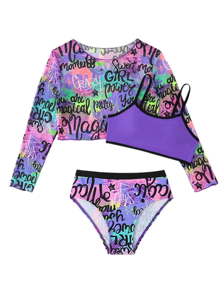 Kids Girls Swimsuit Sling Mesh Long Sleeve Children Bikinis Set Swimwear Summer Beach Bathing Suit
