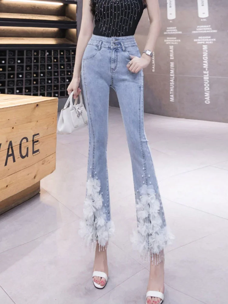 

Jean taille haute en Denim pour femmes, pantalon évasé, extensible, décontracté, avec perles et fleurs tridimensionnelles,