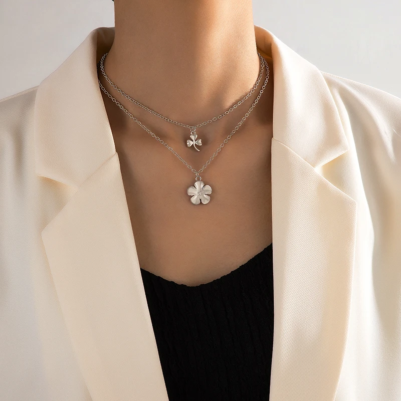 

HuaTang Vintage Flower Women's Pendant Necklace Geometric Metal Leaf Party Jewelry Silver Double Layer Necklace кольцо 23345