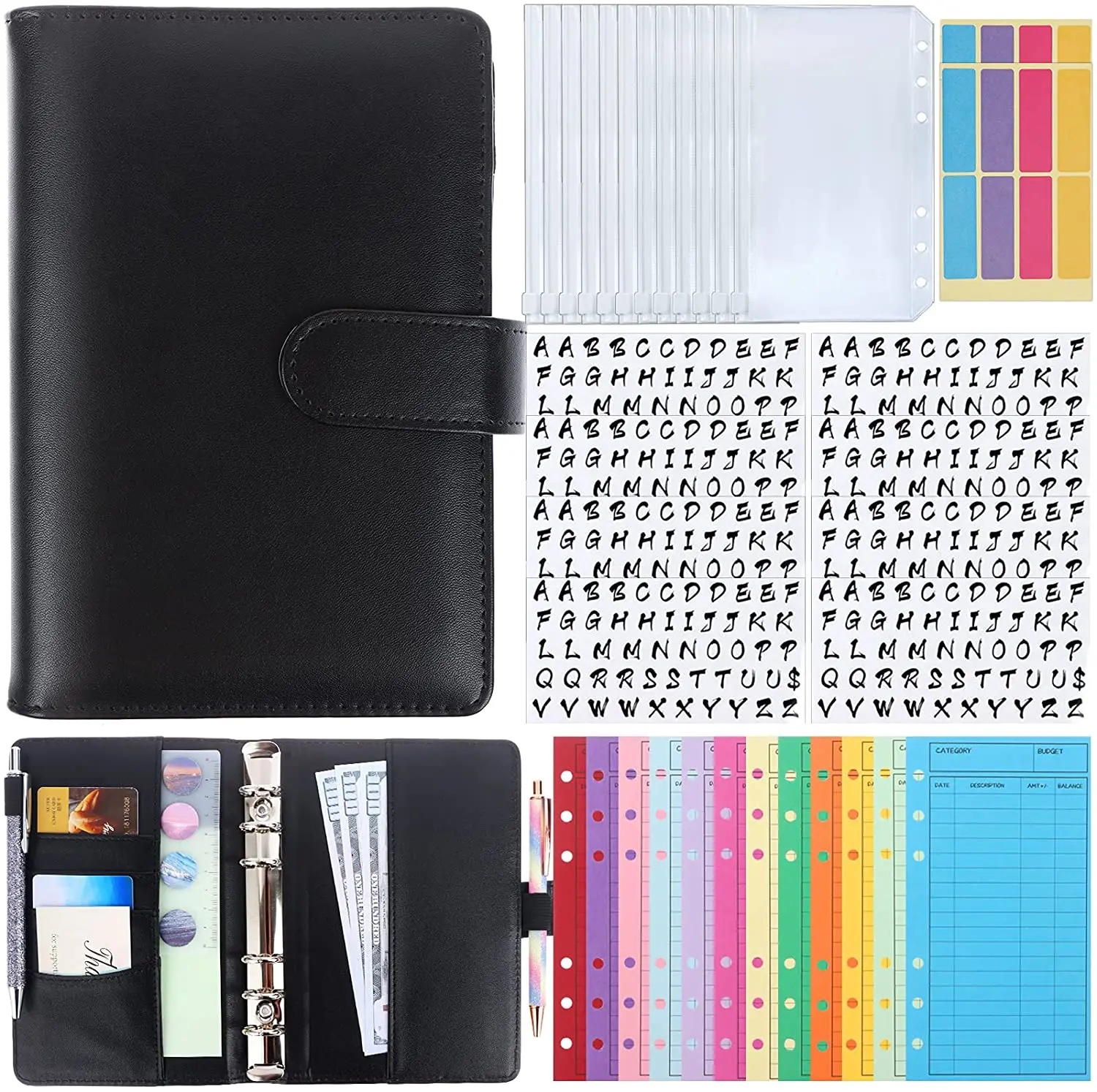 A6 PU Leather Cash Budget Organizer Binder for Money Planner, 12