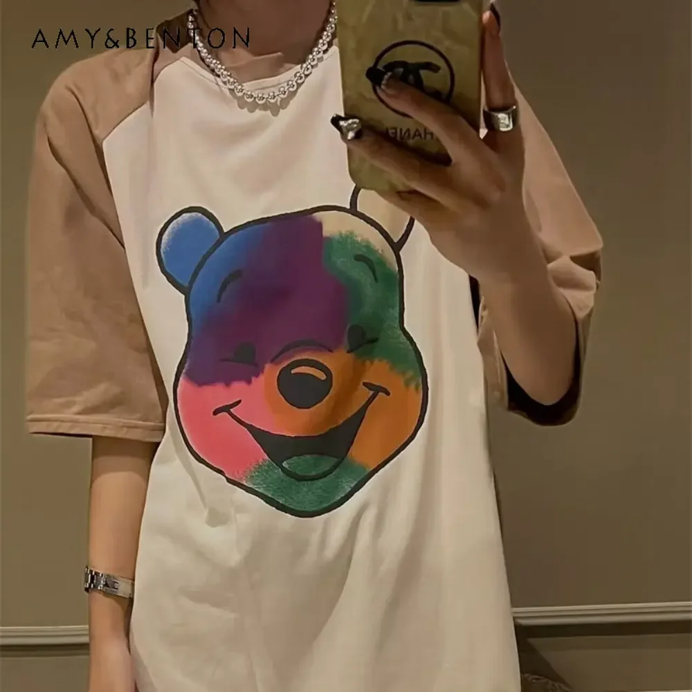 

Potdemiel Thigh-Length Top Women's Clothes 2024 Summer New Korean Style Loose Cartoon Colorful Bear Raglan Sleeve O-Neck Tshirts