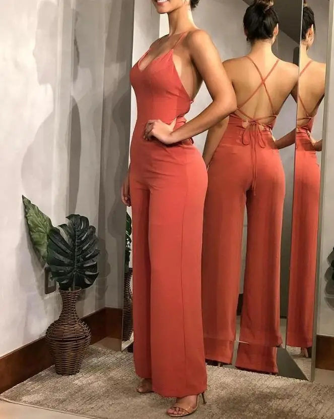 Women's Summer Fashion Casual Camisole Sleeveless Backless Flat Angle V-Neck Sexy Commuting Versatile Wide Leg Jumpsuit