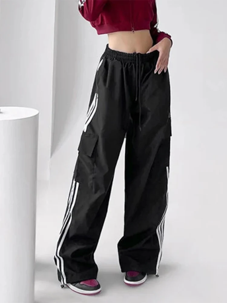 Striped Sweatpants Women Hip Hop Streetwear Baggy Wide Leg Cargo Pants Bf Y2K High Waist Drawstring Joggers Trousers