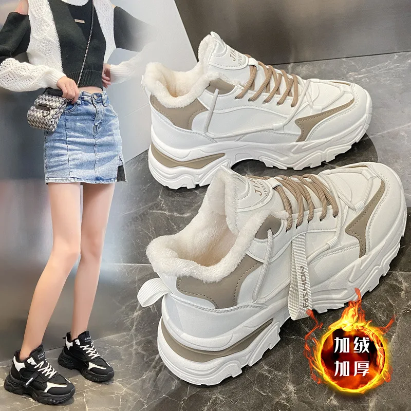Winter Plus Velvet Dad Shoes for Women's Korean Version Warm High-top Lace Up Sneakers Ladies Casual White Cotton Shoes