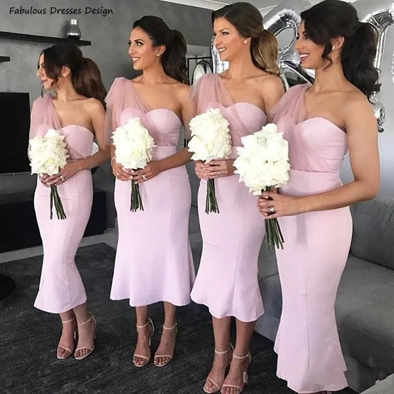 

Bohemia Pink Tea Length Bridesmaid Dresses Mermaid One Shoulder Sweetheart Neck Sleeveless Wedding Party Dress Women Prom Gown