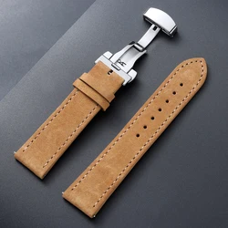 Vintage Suede Cowhide Watch Strap with Butterfly Buckle Bracelet - Sport Wristband - 22mm (YellowBrown - Silver)