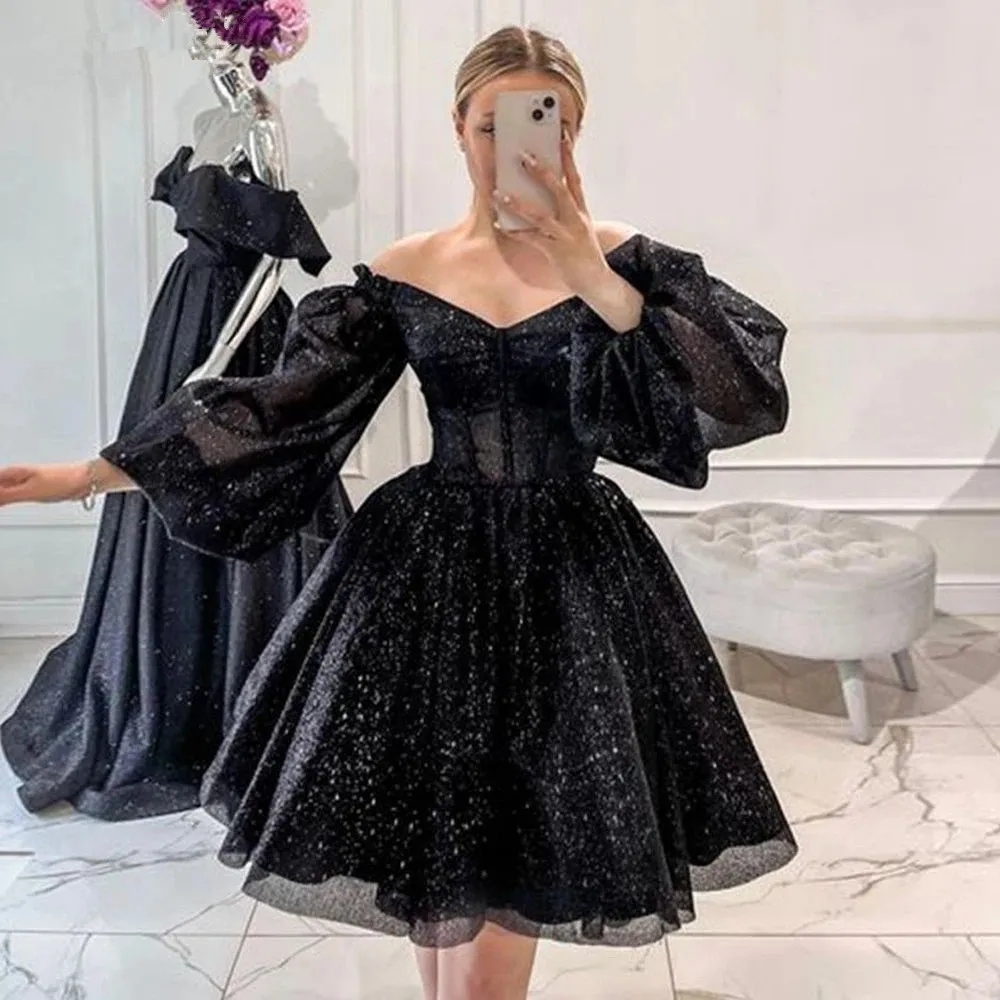 

Little Black Dresses Gillter Short Prom Occasion Dresses with Puffy Long Sleeve Off Shoulder Evening Cocktail Gowns