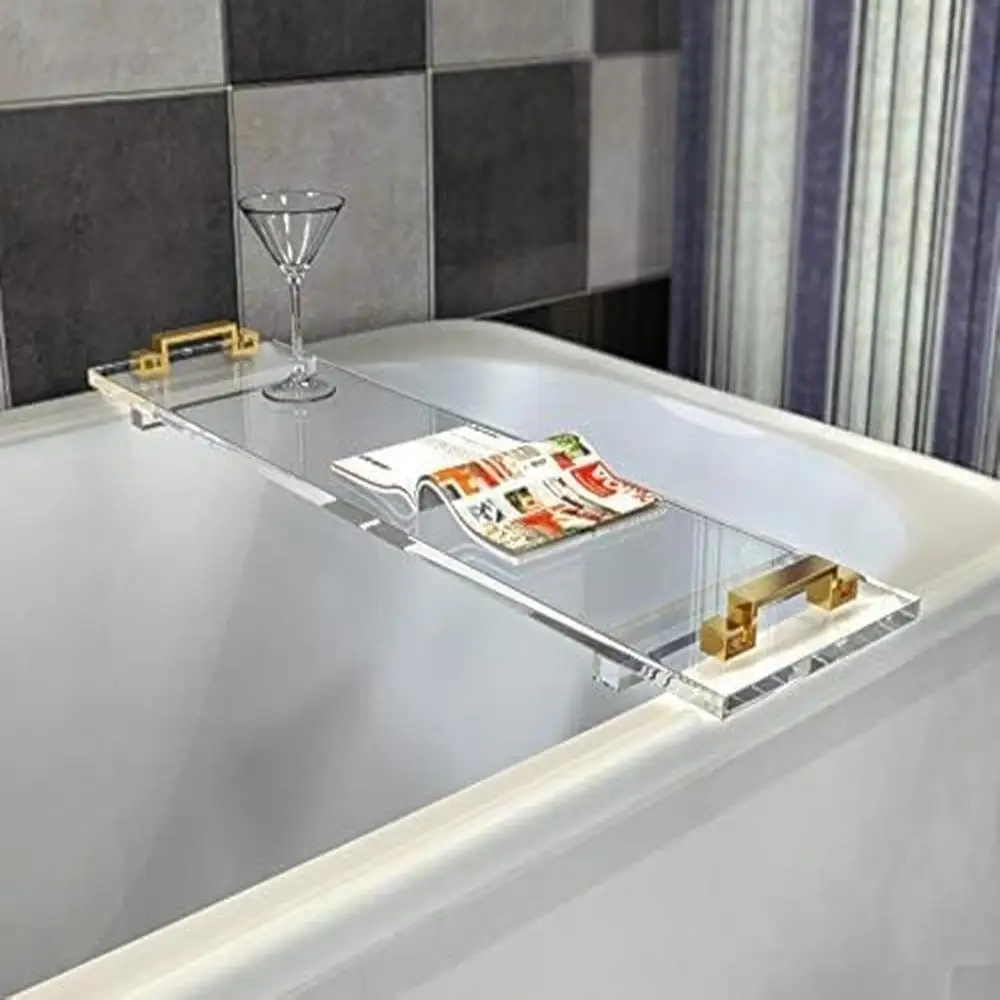 

Acrylic Bathroom Tray Caddy Metal Handles Bath Book Drink Soap Towel Oil Rustic Vintage Rack Clear 30" W 8" D 8mm Thickness Tray