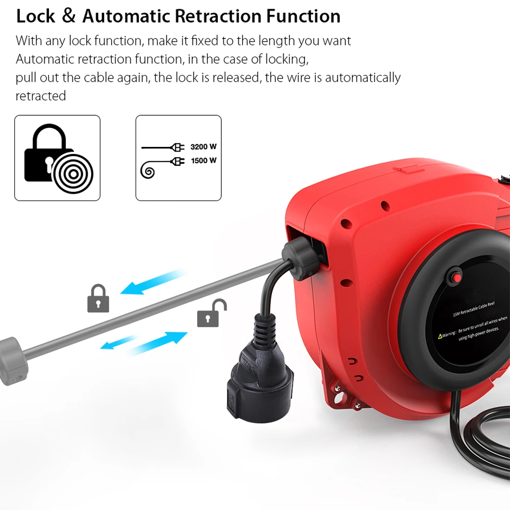 Retractable Extension Cord Reel 50FT+4.5 (15+1.5M) Electrical