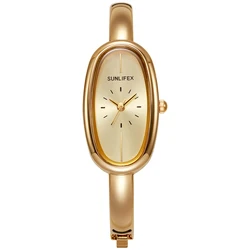Luxury Women's Oval Dial Quartz Bracelet Watch - Elegant and Waterproof Design (Gold)