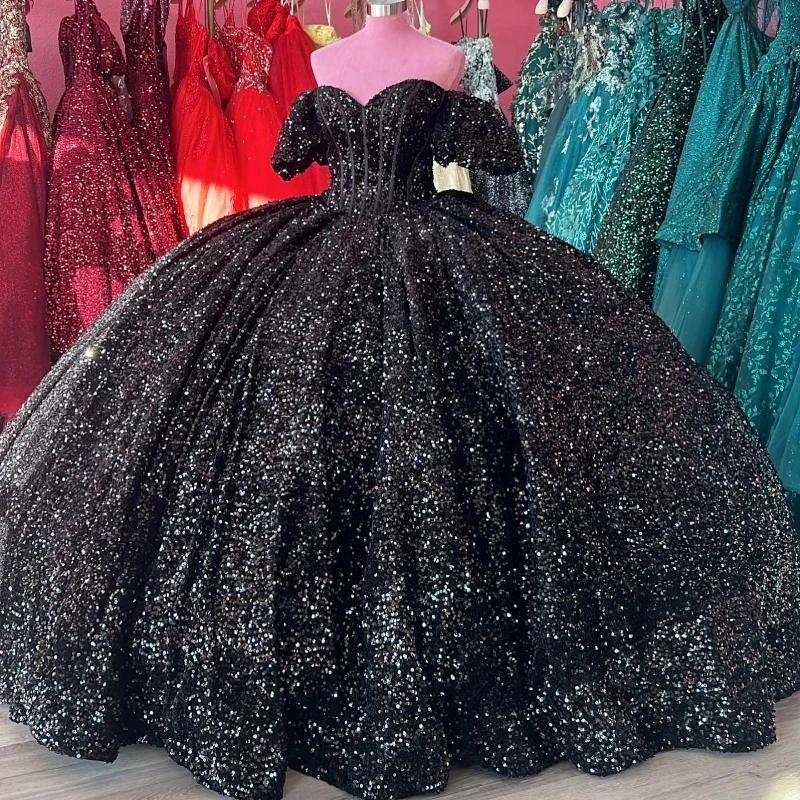 

Real Picture Black Sequined Quinceanera Dresses Ball Gown Cap Sleeve Ball Gown Birthday Party Prom Dress Vestido De 15 Anos VX