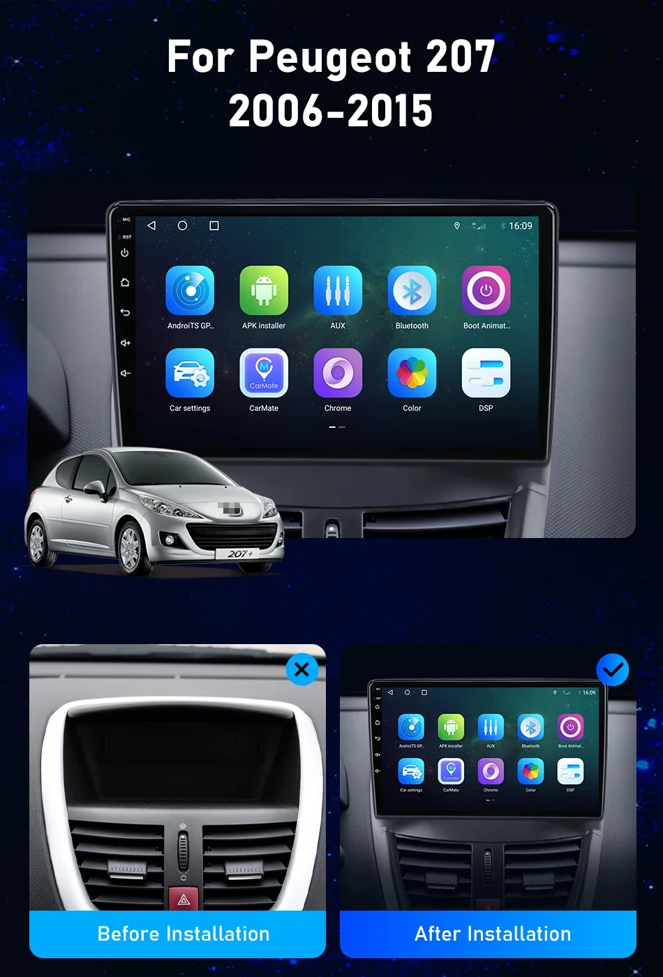 Srnubi T20 Serie Android 14 UIS7865 8-Kern 2,2GHz Autoradio Kabelloses CarPlay für Peugeot 207 CC 207CC 2006-2015 Schnelle Lieferung – Detail 1