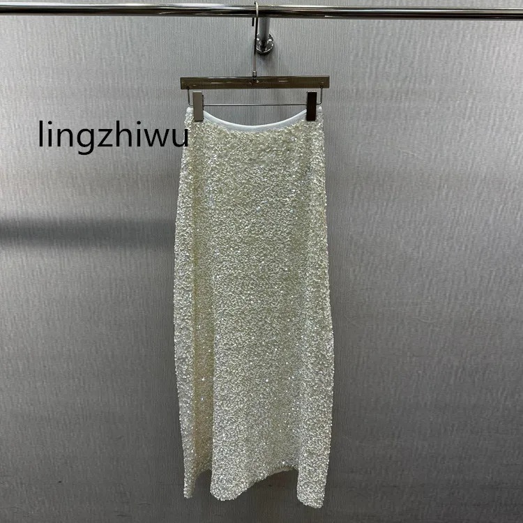 

lingzhiwu Sequins Flocking Long Skirt 2024 Autumn Winter Female Elegant Elastic Waist High Waist A-Line Skirts New Arrive