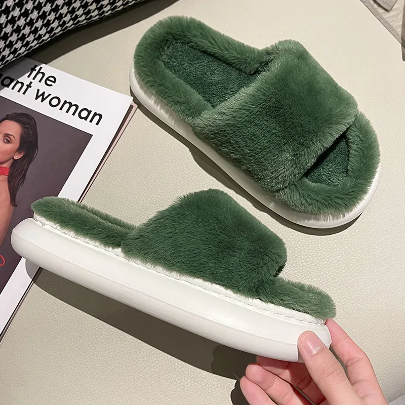 2022 Women's Slippers Thick-bottomed Fur Furry Slippers for Home Platform Shoes Indoor House Warm Cotton Slippers -