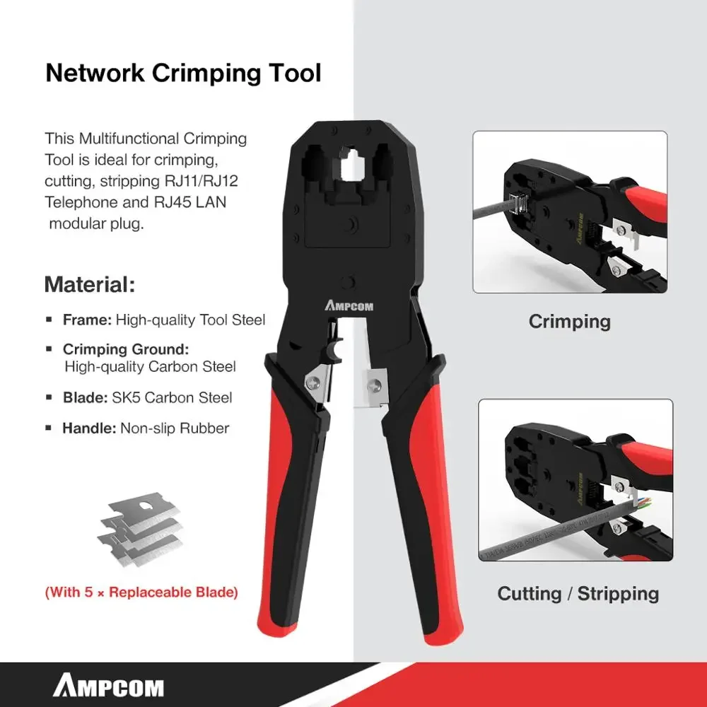 Network Tool Kit AMPCOM 12 in 1 Professional Portable Ethernet Computer Maintenance LAN Cable Tester Crimper Cutter Repair Set Network Cable Tester Ethernet Crimping Tool Network Crimper Cable Stripping Tool Network Repair Tool Set Network Tool Kit Network Tool Set