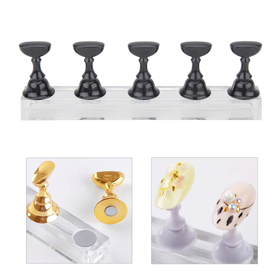 Nail Art Display Stand with Magnetic Tips and Holder Set, Chessboard Design, White and Black, 5-Piece Kit