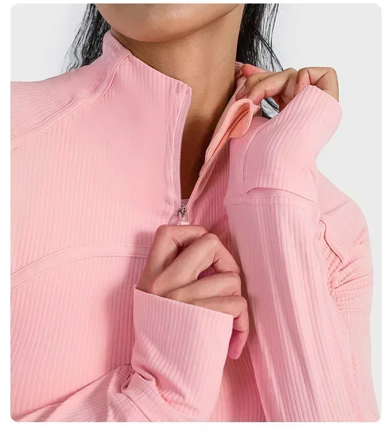 Lemon Women Ribbed Cropped Define Stand Neck Jacket Lightweight Breathable High Elastic Fitness Yoga Coat Tight utdoor Sport Top