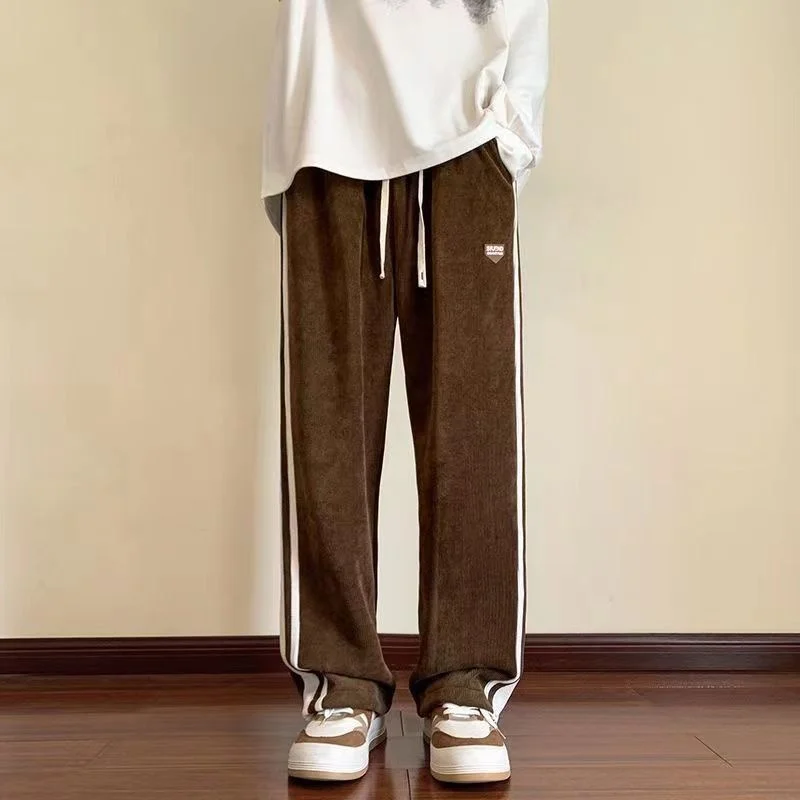 Autumn Winter Fleece Thickened Straight Casual Pants Men's Fashion Street Contrast Drawstring Pockets Versatile Sports Trousers