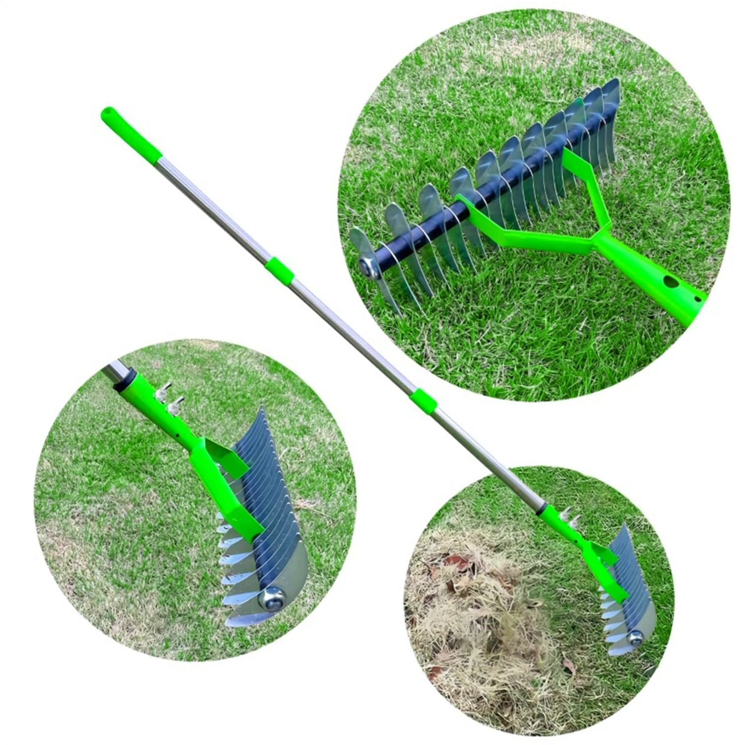 Alloy Steel Weed Harrow Garden Leaf Rake Twin-Head Weeding  3 Sections Removable Rods Garden Dethatcher for Clearing Hay 4