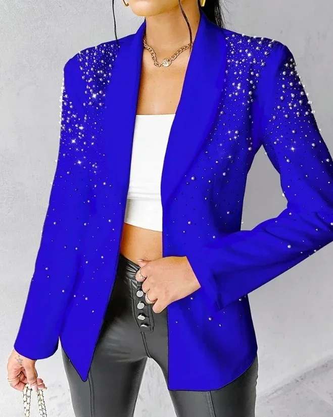 2024 New Blazer Woman Autumn Fashion Beaded Elegant Temperament Shawl Collar Plain Long Sleeve Work Blazer Coat Office Lady