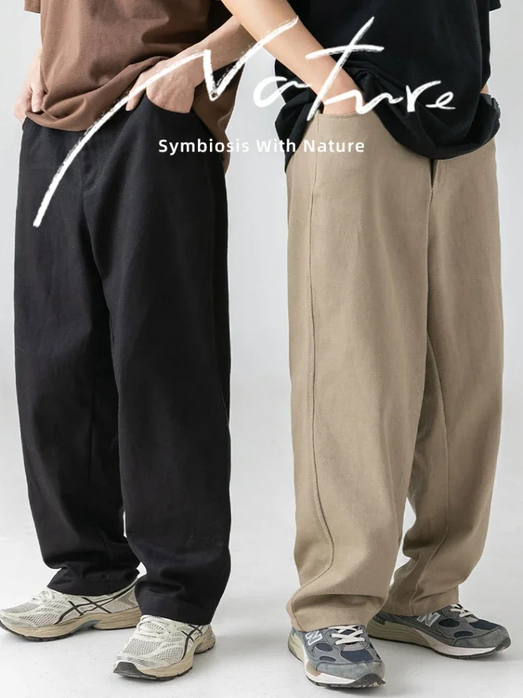 New Cargo Pants Men 100% Cotton Loose Japanese Streetwear Fashion Wide Leg Pants Solid Color Basic Straight Leg Casual Pants