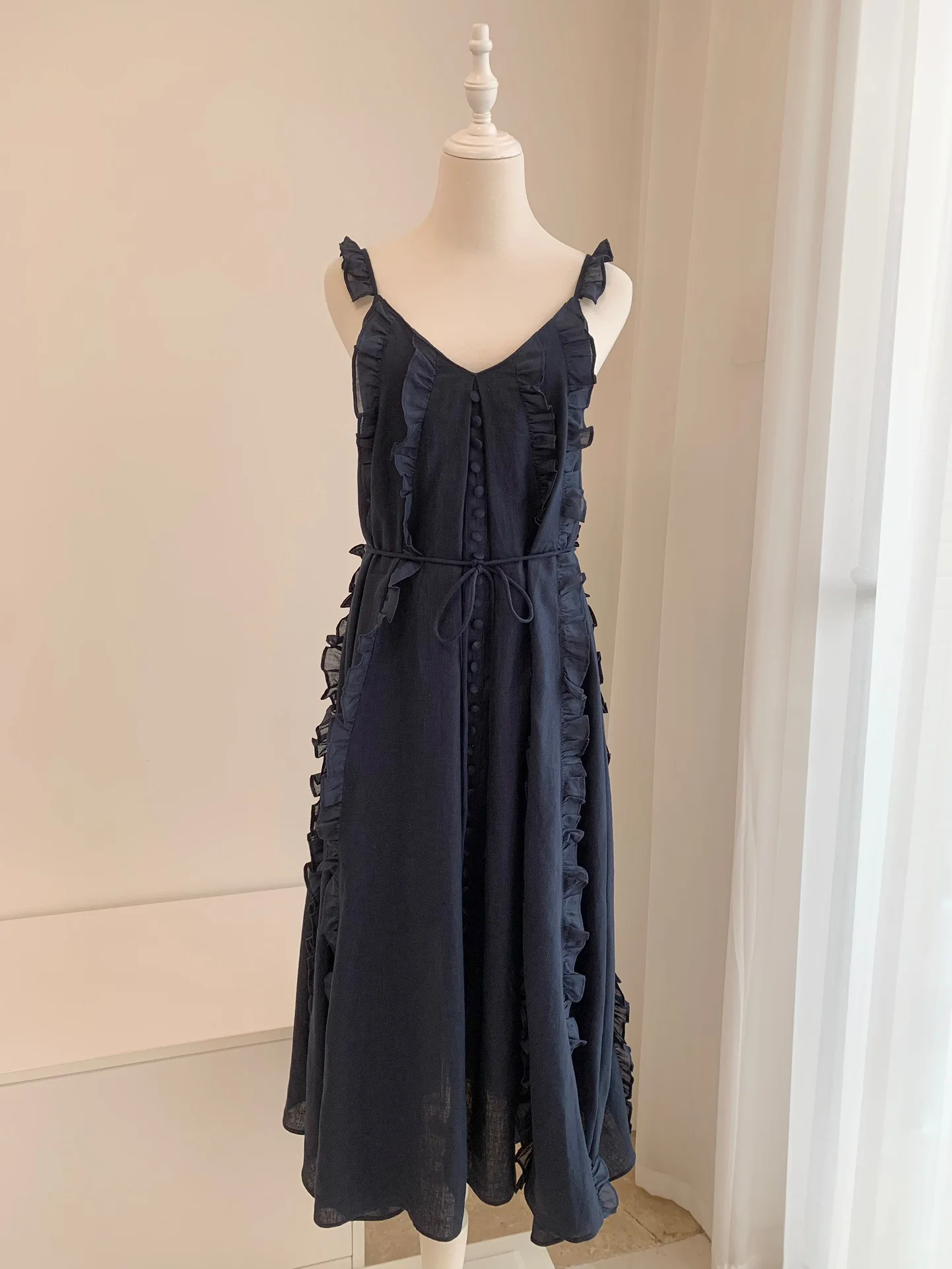

Women Midi Dress Ruffles Backless Lace Up Sexy Camisole Robe