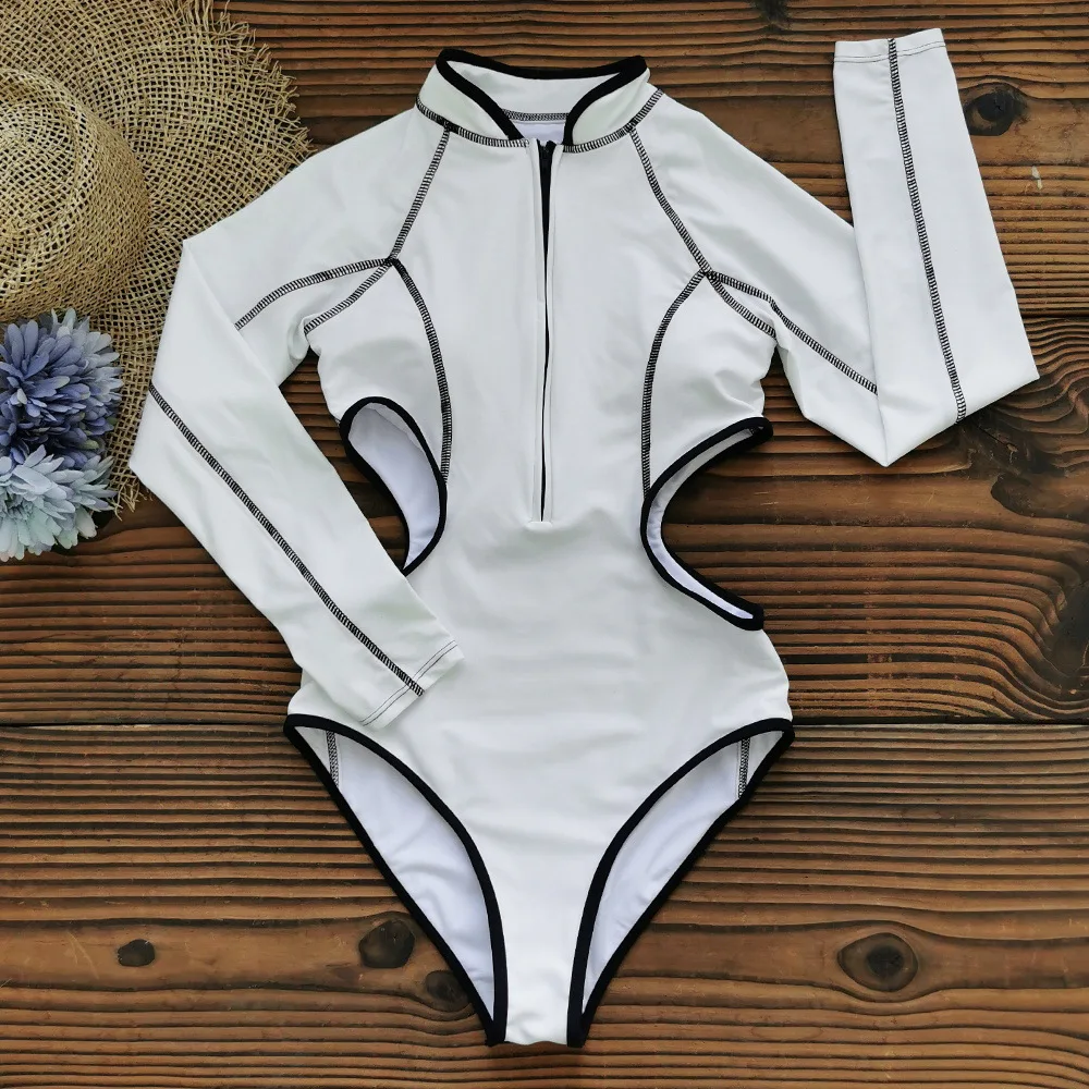 New Solid Color Hollow Long-sleeved Zipper One-piece Swimsuit Women's Beach Surfing Suit Sexy Swimwear Bikini Beach