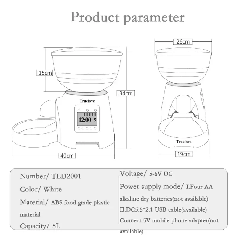 Truelove Pet 5L Automatic Feeder Can be Timed Quantitatively Suitable For Small Cats and Dogs Feeding Pet Supplies