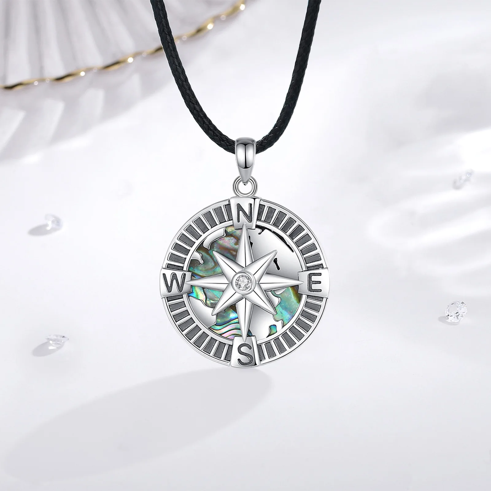 Eudora 925 Sterling Silver North Star Necklace for Women Man Natural Abalone Shell Compass Pendant Personality Jewelry Fine Gift