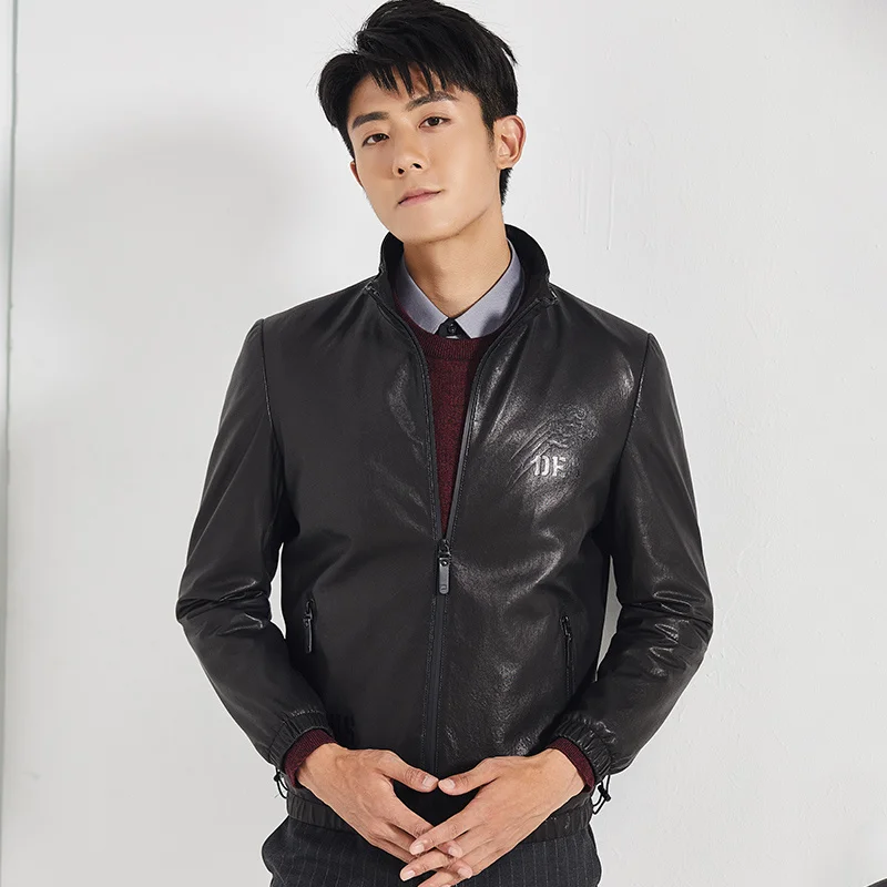 

Мужская кожаная куртка, черная куртка из овечьей кожи, с воротником-стойкой, осень 100%