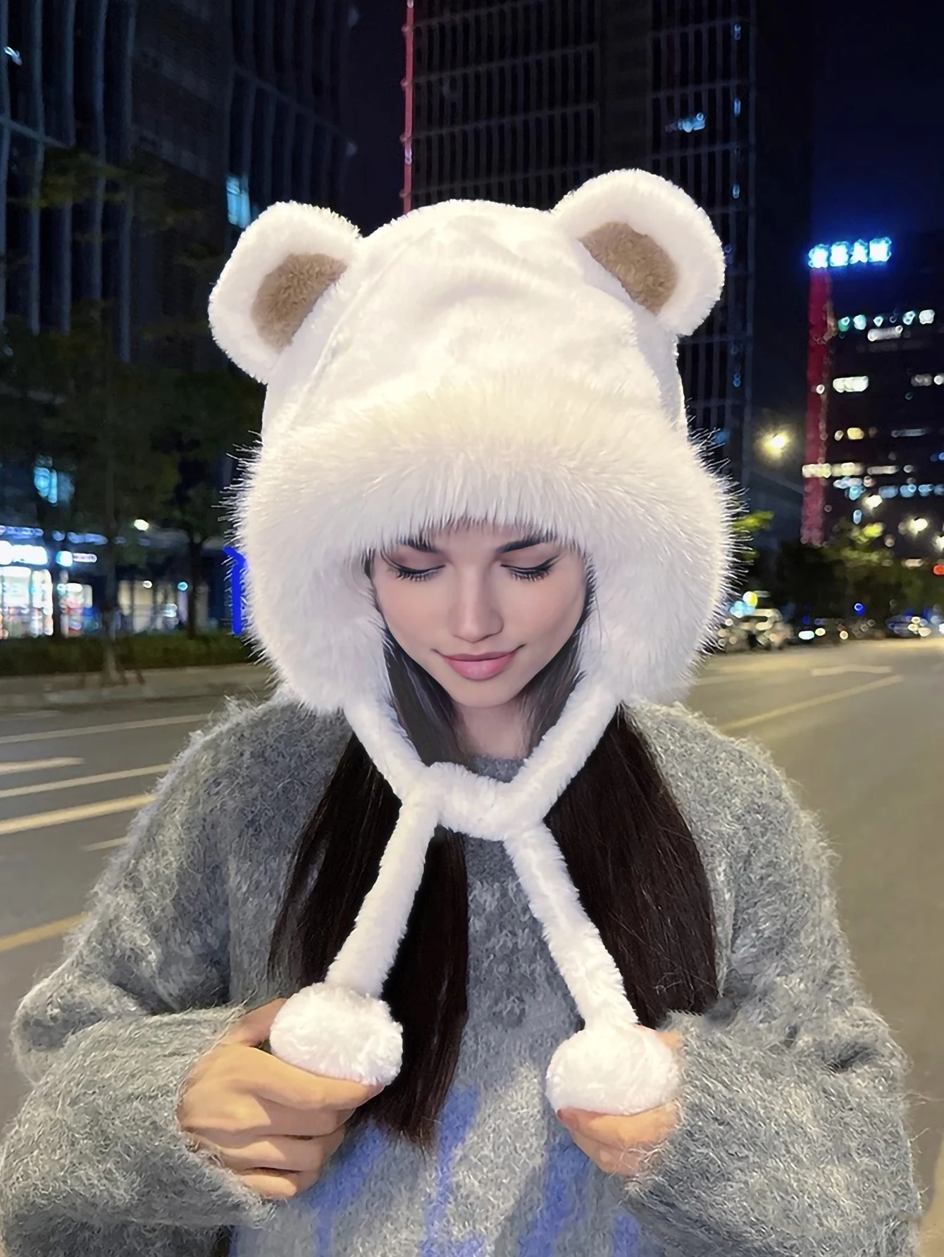 A Winter Cute Bear Ear Warm Hat Women Plush  Beanie Hat Girls Windproof  Cap 6