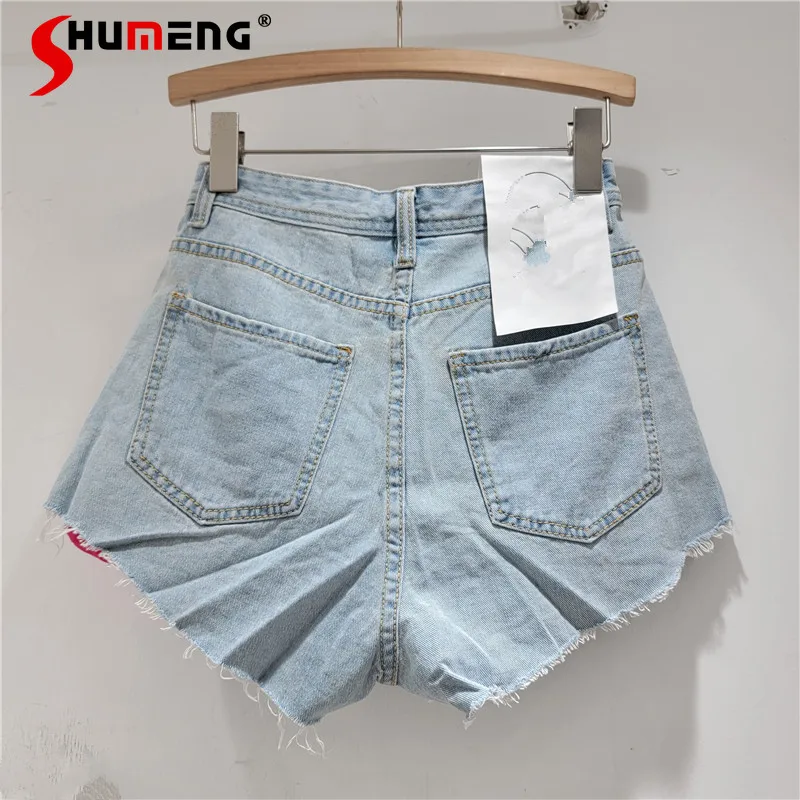Sweet Denim Shorts Women's Ins High Waist Three-Dimensional Flower Short Jeans 2024 Loose Straight Slimming Wide Leg Hot Pants