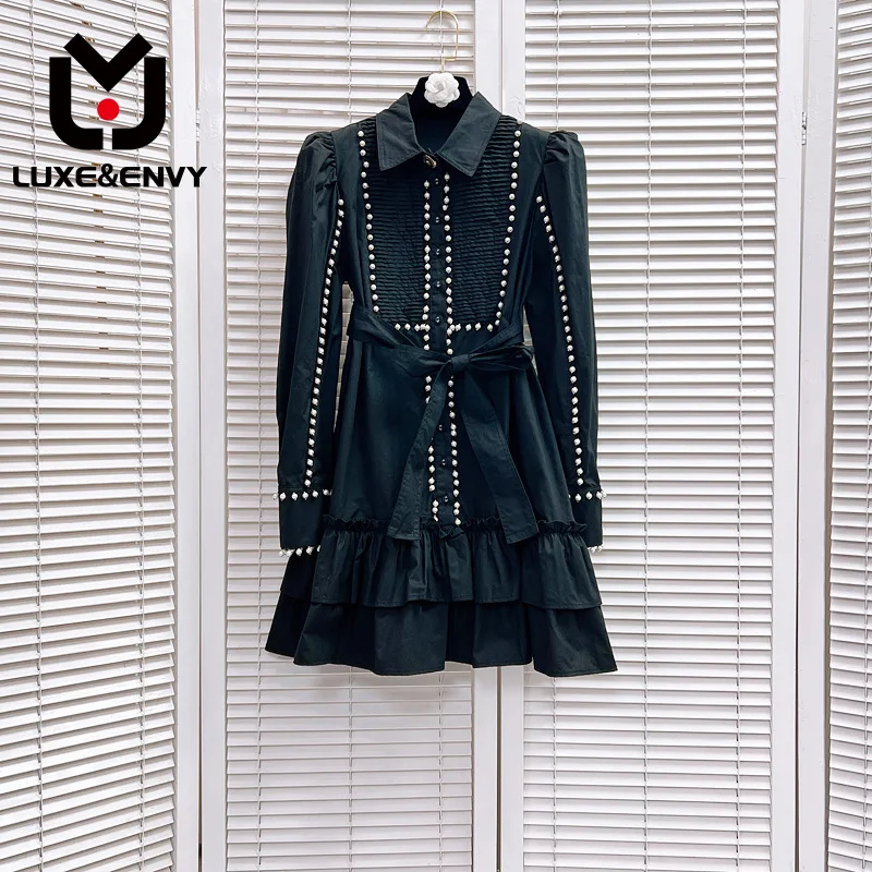

LUXE&ENVY New Pure Cotton Pearl Edge Long Sleeve Button Waist Dress For Women 2023 Autumn