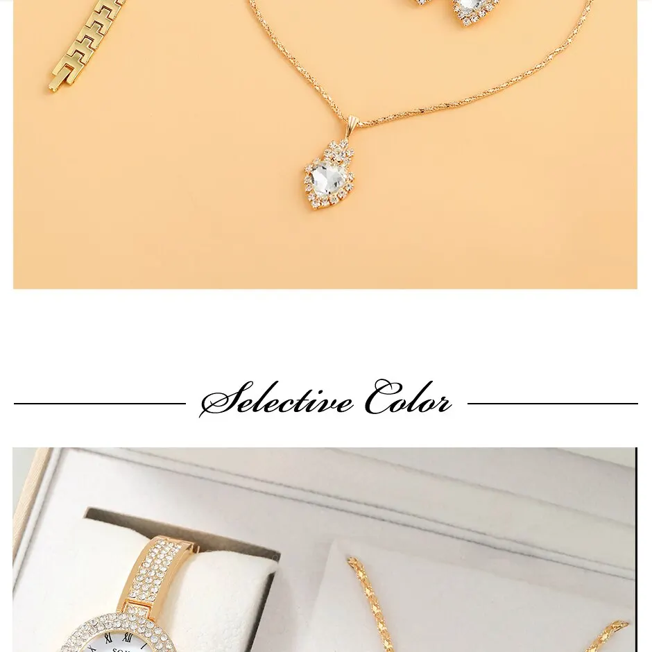 5 squisiti orologi al quarzo, set di gioielli rotondi alla moda, orologio da donna, collana di strass, orecchini, set di anelli_voghion.com