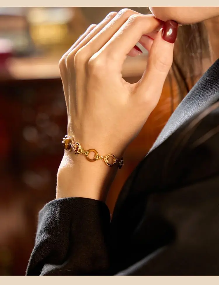 Ins Fashion 925 Silver Natural Tiger Cat's Eye Bangle Crystal Gemstone Adjustable Chain Bracelet Female Bijoux 9k Gold Jewelry